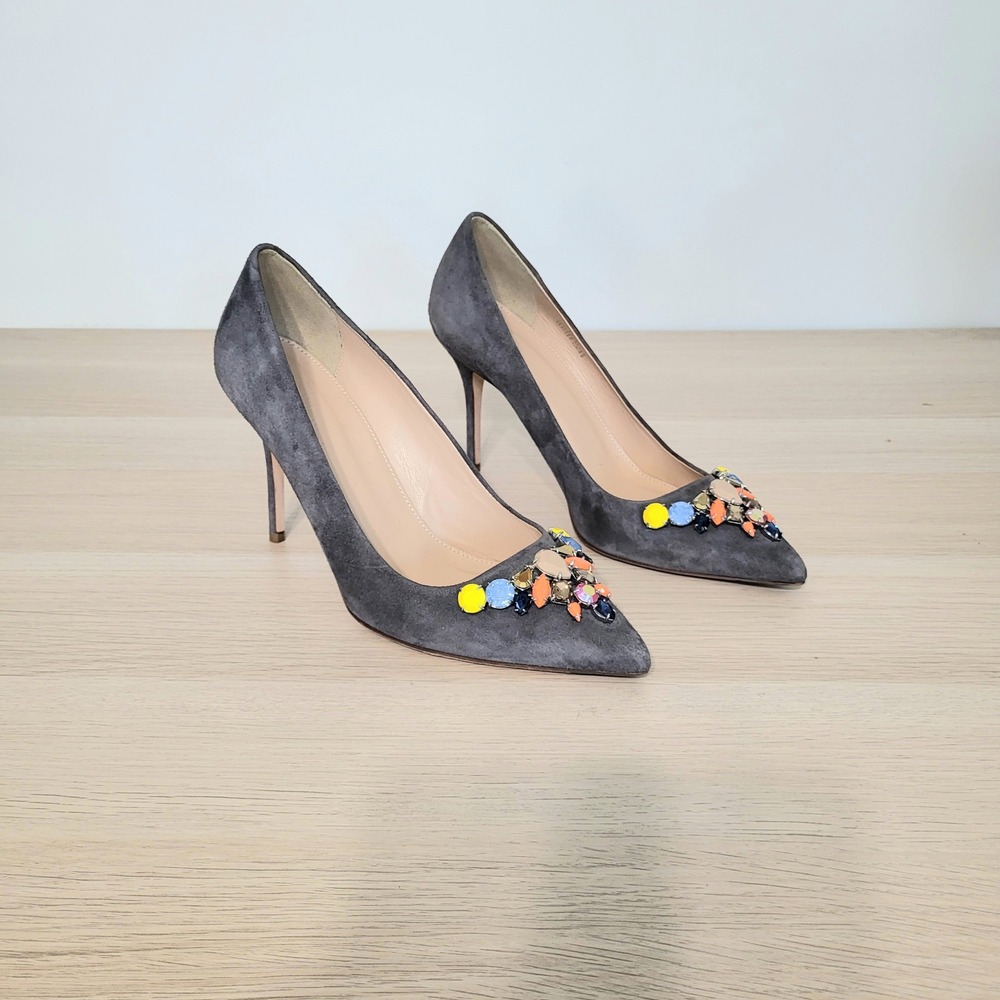 J Crew Elsie Suede Pumps Italian Heels Multicolored Jewels Stiletto Gray 8